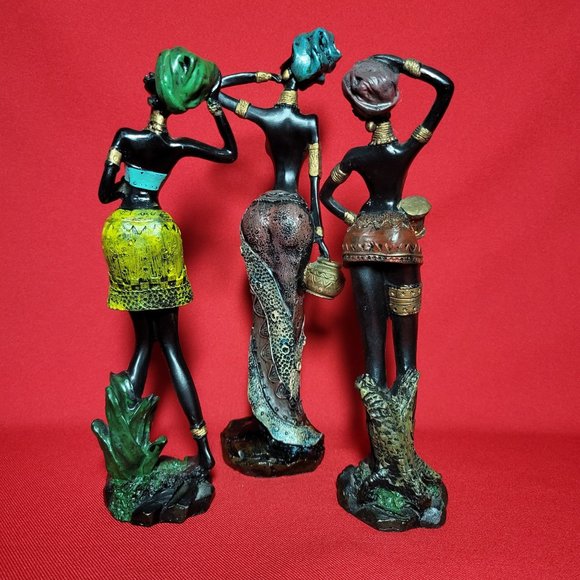 Vintage African Tribal Lady Woman Resin Figure Sculpture Decor Set of 3 - Picture 4 of 12